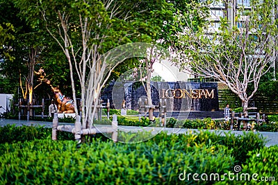 Bangkok, Thailand - June 21 2019 : People relaxing in garden on patio and views of skyscraper at Iconsiam bangkok Editorial Stock Photo