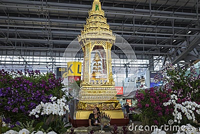 Bangkok, Thailand - June 28, 2015: Small golden shrine at Suvarnabhumi International Airport. Concept of Buddhism, the major relig Editorial Stock Photo