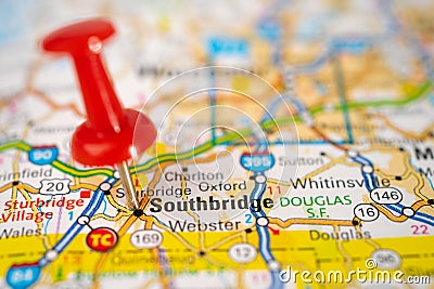 Bangkok, Thailand, June 1, 2020 Southbridge, Massachusetts, road map with red pushpin, city in United States of America USA Editorial Stock Photo