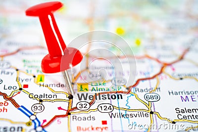 Wellston, Jackson County, Ohio, road map with red pushpin, city in the United States of America Stock Photo