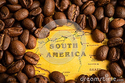 Bangkok, Thailand March 14, 2023 Coffee bean on South America map, import export trade online commerce concept Editorial Stock Photo