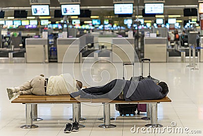 Bangkok, Thailand - march 1, 2016: People sleeping in night airport Editorial Stock Photo