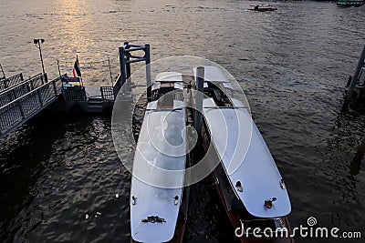 BANGKOK, THAILAND - March 5, 2020 : View of The Chao Phraya Express Boat is sailing to dock at Tha Maharaj Pier Editorial Stock Photo