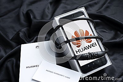 Bangkok, Thailand - 23 May 2019: Huawei phones with decoders With box and warranty, Huawei security issues, business crisis, Huawe Editorial Stock Photo