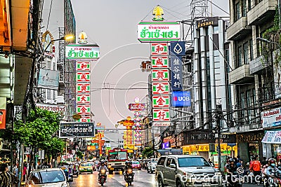 The image of Yaowarat Road, the main artery of Bangkok`s Chinatown Editorial Stock Photo