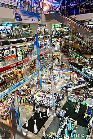 Inside Pantip Plaza, a large electronic and software shopping complex in Bangkok Editorial Stock Photo