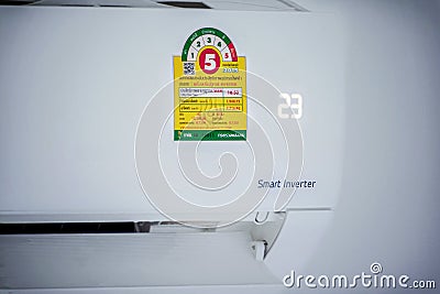 BANGKOK, THAILAND - MAY 07, 2020: Level 5 Efficiency Rated Air Conditioner Unit Operating at 23 Degrees Celcius Editorial Stock Photo