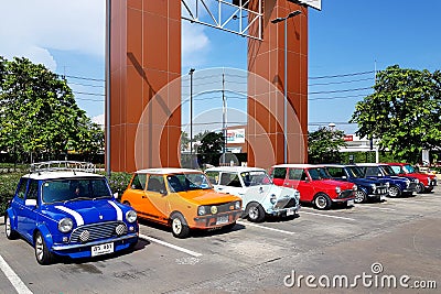 May 21, 2018: Many colorful mini Austin cooper parking on the street for showing old car festival Editorial Stock Photo