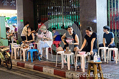 Bangkok, Thailand - May 19, 2020 : New normal of night street food at Yaowarat road Editorial Stock Photo