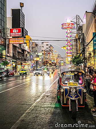 Tuk-tuk taxi parked near Yaowarat road, Chinatown, Bangkok Editorial Stock Photo