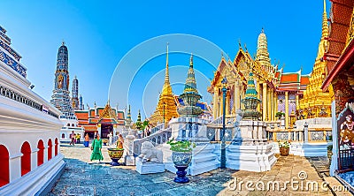 Walk in Wat Phra Kaew compex, the main landmark of Grand Palace, on May 12 in Bangkok, Thailand Editorial Stock Photo
