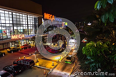 Bangkok, Thailand: Mega Bangna Shopping Mall exterior at night with a street Editorial Stock Photo