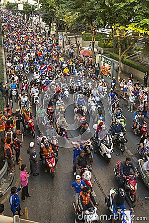 BANGKOK, THAILAND - Motorcycle traffic jam in city centre during celebrate football fans winning AFF Suzuki Cup 2014 Editorial Stock Photo