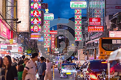 Bangkok, Thailand: night Yaowarat Road with Chinese signboards Editorial Stock Photo