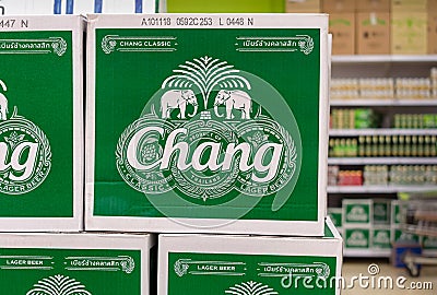 BANGKOK, THAILAND - NOVEMBER 26: Boxes of Thai Chang beer arrives at BigC Extra Petchkasem supermarket on November 26, 2018 Editorial Stock Photo