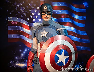 Bangkok, Thailand - November 29 2019: A wax statue of Captain America portrayed by Hollywood Actor Chris Evans at wax museum of Editorial Stock Photo