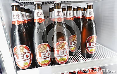 Bangkok, Thailand, October 21, 2023 Leo beer logo, Thai beer, Leo beer Editorial Stock Photo