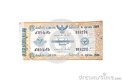 Bangkok, Thailand - October 4, 1966: Antique Lottery is more than 50 years old. Price is 5 baht per ticket. on white background, Editorial Stock Photo