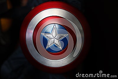Close up shot of Shield for Captain America Civil War superheros figure in action fighting. Captain america appearing in American Editorial Stock Photo