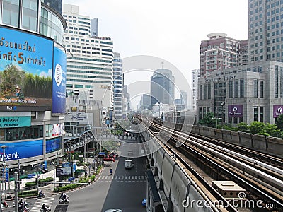 BANGKOK, THAILAND - OCTOBER 30, 2013: railway line of BTS Skytrain in city centre. Editorial Stock Photo