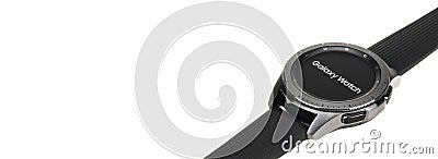 Bangkok, Thailand - Sep 30, 2018: New Smartwatch Samsung Galaxy Watch 42mm midnight black with onyx black strap display logo Editorial Stock Photo