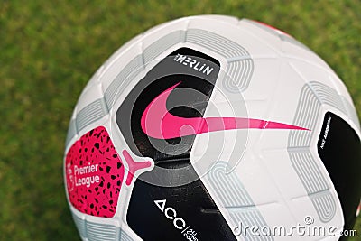 Close-Up on Nike Merlin The Ofiicial English Premier League Match Ball on the Grass o Editorial Stock Photo
