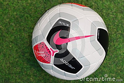Close-Up on Nike Merlin The Official English Premier League Match Ball on the Grass Editorial Stock Photo