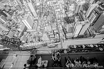 Bangkok, Thailand - September 27 2019: Top view group of people lined up and the city top views. Top view from king power Editorial Stock Photo