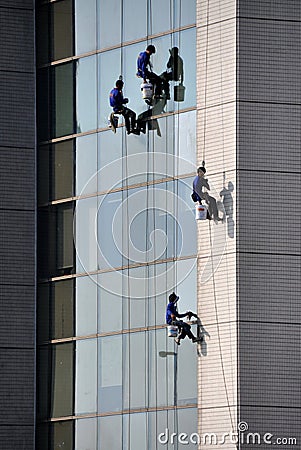 Bangkok, Thailand: Window Washers at Work Editorial Stock Photo