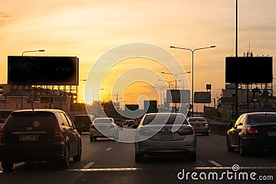 Bangkok traffic with a lot of cars on express way during beautiful sunset. Thailand 22/05/18 Editorial Stock Photo