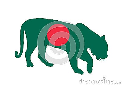 Bangladesh flag over tiger national animal symbol vector silhouette illustration isolated on white background. Cartoon Illustration