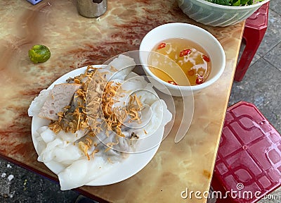 Banh Cuon Steam Rice Roll Fish Sauce local street food Stock Photo