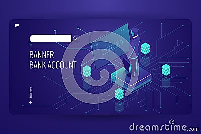 Bank account, accounting online service, data access process, artificial intelligence, man be registered in system, dark Vector Illustration