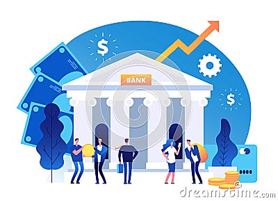 Bank building. Banking investment wealth growth symbols. Bank facade with businessman vector cartoon business concept Vector Illustration