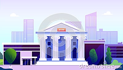 Bank building. Banking investment wealth growth symbols. Bank facade with columns on street government buildings Vector Illustration