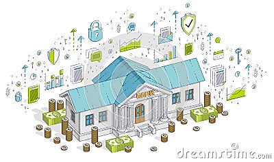 Bank building with cash money dollar pile and coin stack cartoon isolated over white background. Vector 3d isometric business Vector Illustration