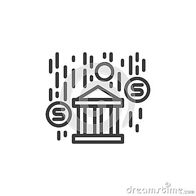 Bank building and falling coins line icon Vector Illustration
