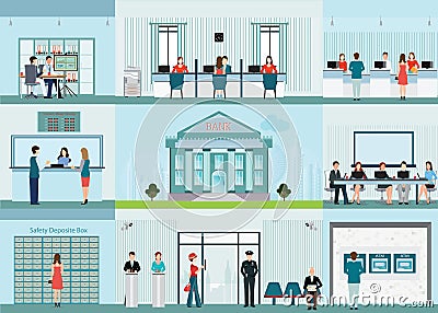 Bank building and finance infographic with office. Vector Illustration