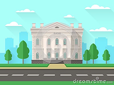 Bank building. Government house with columns exterior financial office in cityscape. Banking service flat vector Vector Illustration