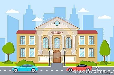 Bank building. Government house, financial office exterior with columns on street in cityscape. Banking service cartoon Vector Illustration