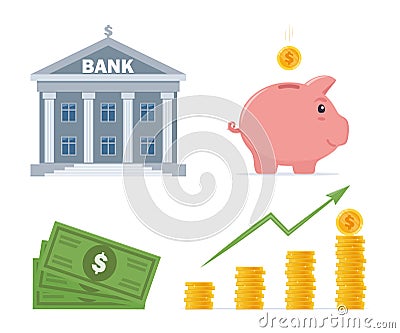 Bank building, piggy bank, dollar banknotes and coins, heap of money and arrow pointing up. Bank financing, money exchange, Vector Illustration