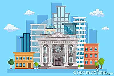 Bank building on the urban landscape with trees. Vector Illustration