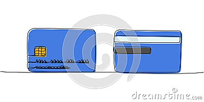 Bank card with a chip front and back, credit card color, colored one line art. Continuous line drawing of bank, money Vector Illustration