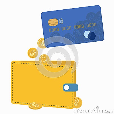 Bank card with drop-down coins in .wallet. Flat illustration on a banking theme isolated on a white background. Waste or loss of m Cartoon Illustration