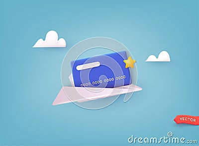 Bank Card in Paper Plane. Business Finance, Send Receive Money Online, Financial Transactions, Transfer and Exchange Vector Illustration