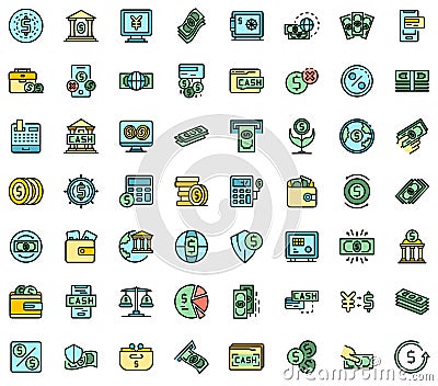 Bank cash icons set line color vector Vector Illustration