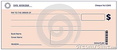 Bank check. Blank business checks, money donation cheque. Empty checkbook page template. Simple payment layout, fake pay Vector Illustration