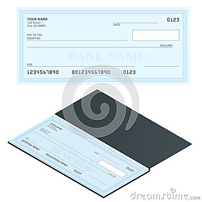 Bank Check with Modern Design. Flat illustration. Cheque book on colored background. Bank check with pen. Concept Vector Illustration