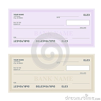 Bank Check with Modern Design. Flat illustration. Cheque book on colored background. Bank check with pen. Concept Vector Illustration