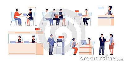 Bank clients service. Banking office, counter and client service. Cash desk, cashier atm professional loan consultant Vector Illustration